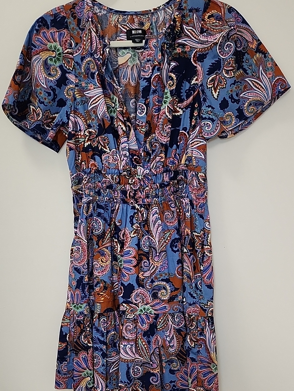 Anthro Somerset Mini Dress multicolor paisley print smocked waist tiered Sz S - Picture 15 of 16